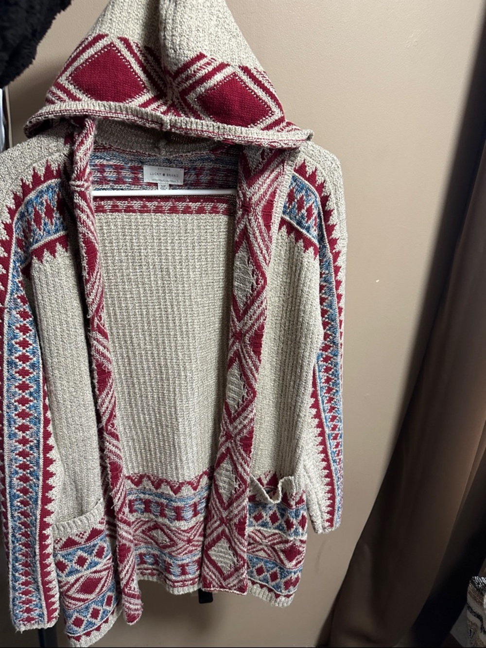 Lucky Brand Hooded Open-Front Cardigan in Cream, Burgundy and Blue